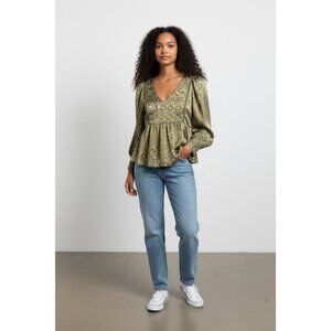 Heyson Small Green Floral Peplum Blouse Long Sleeve V-Neck Polyester Women's Top